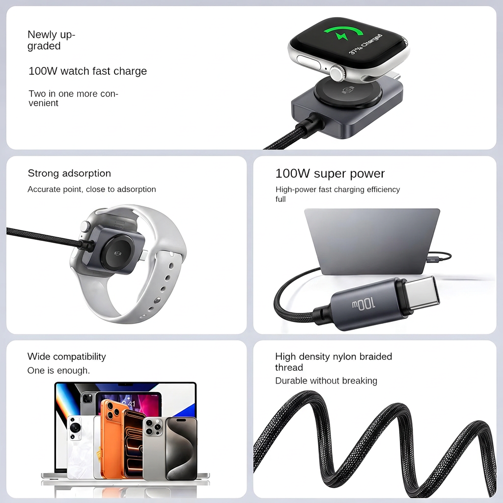 DuoCharge 100W 2-in-1 USB-C and Apple Watch Charging Cable