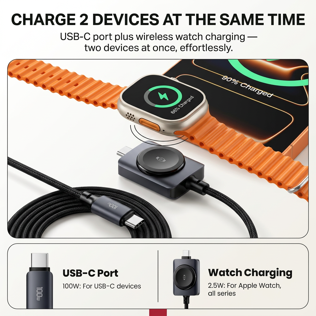 DuoCharge 100W 2-in-1 USB-C and Apple Watch Charging Cable